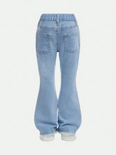 Girls Cute Heart Embroidered Distressed Elastic Flared Denim Jeans